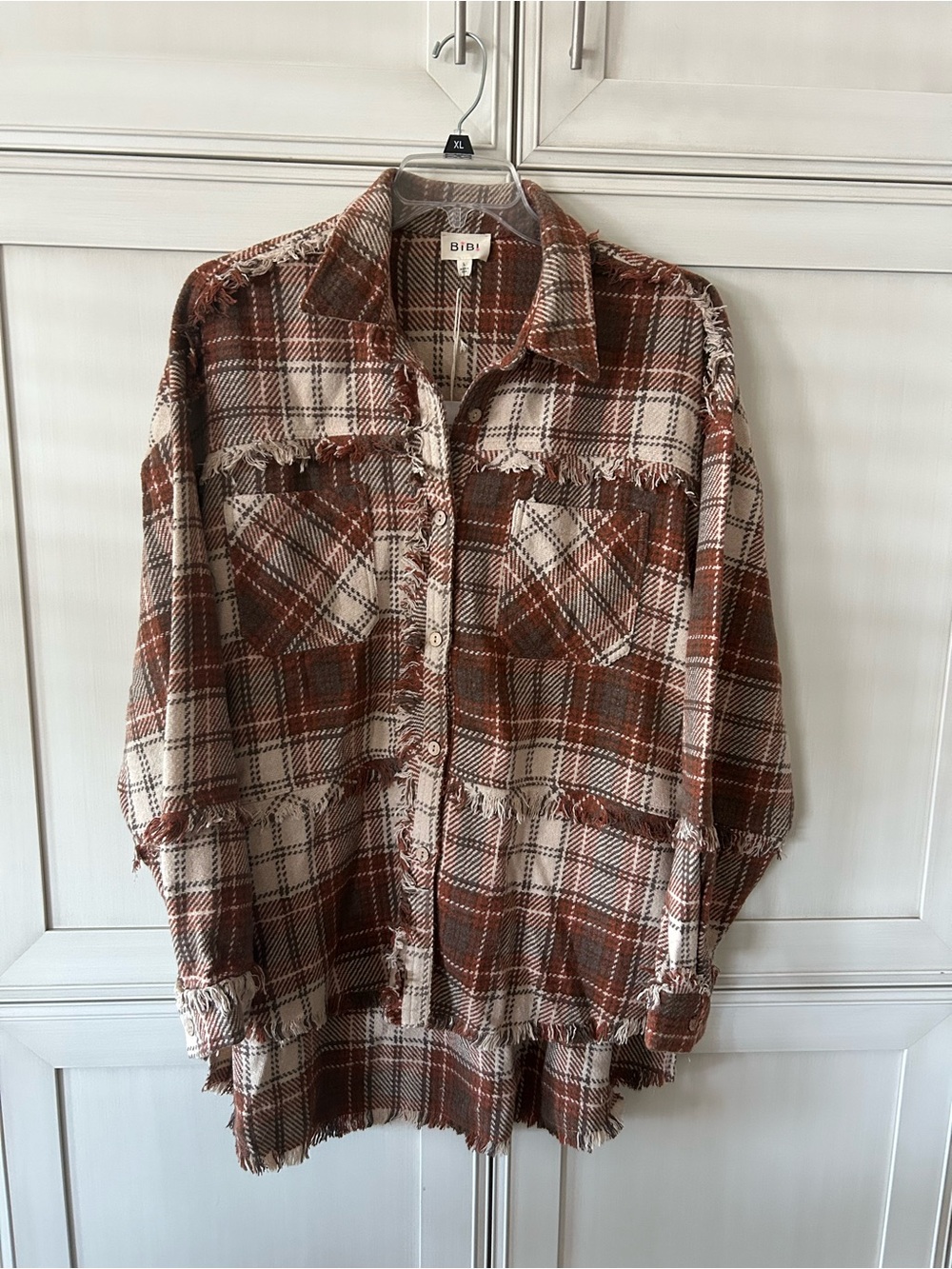 BiBi Rust and Cream Plaid Frayed Shacket